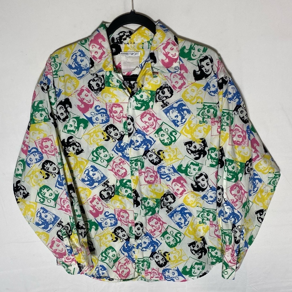Vintage Esprit Sport Pop Art Multicolour Faces Print Button Up Shirt S RARE
